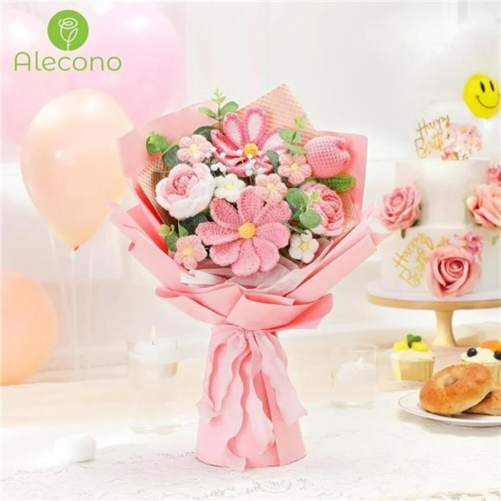 Crochet Flower Bouquet Handmade Pink Knitted Tulips Roses Gifts for Birthday Mot
